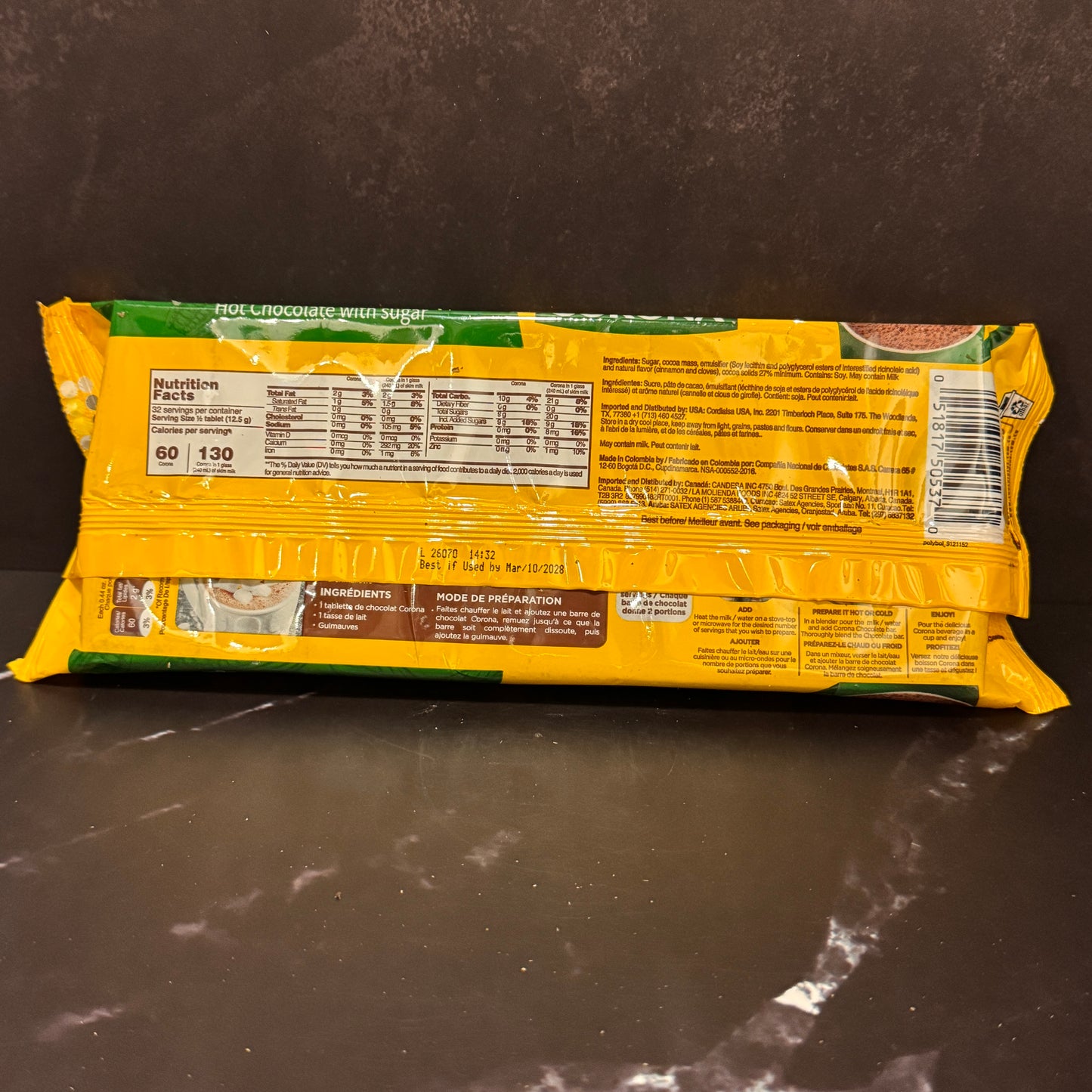 Chocolate Corona Tradicional colombiano en barra, producto importado de Colombia disponible en Melomanda