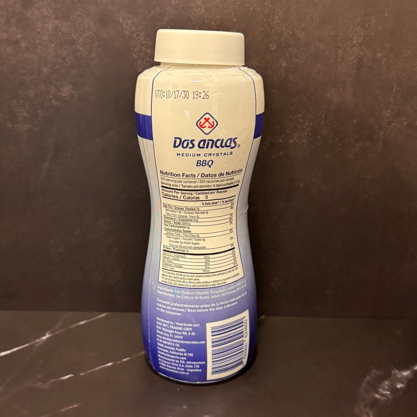 Sal Parrillera Dos Anclas 500g envase salero argentino para asados y parrilladas, producto importado de Argentina disponible en Melomanda