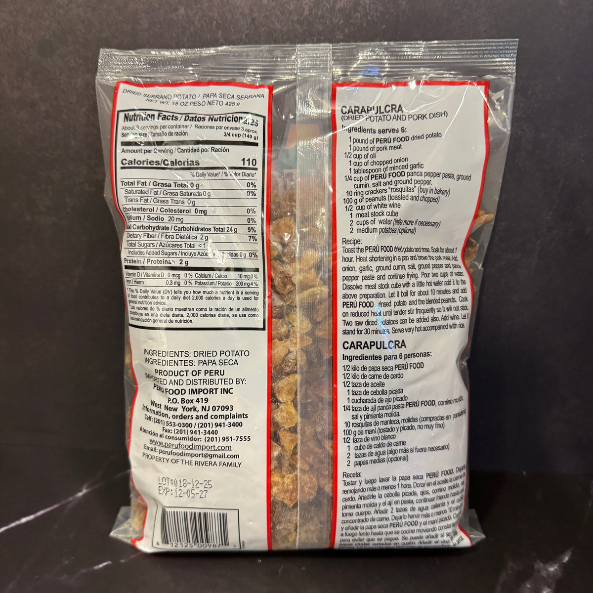 Papa Seca Serrana Peru Food 425g, producto de Perú, disponible en Melomanda