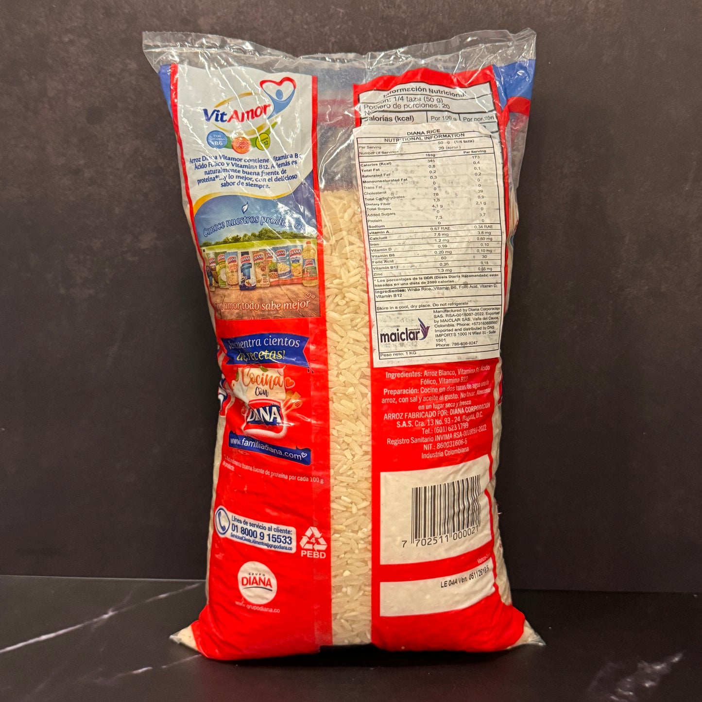 Arroz Diana Blanco colombiano de grano entero, producto importado de Colombia disponible en Melomanda