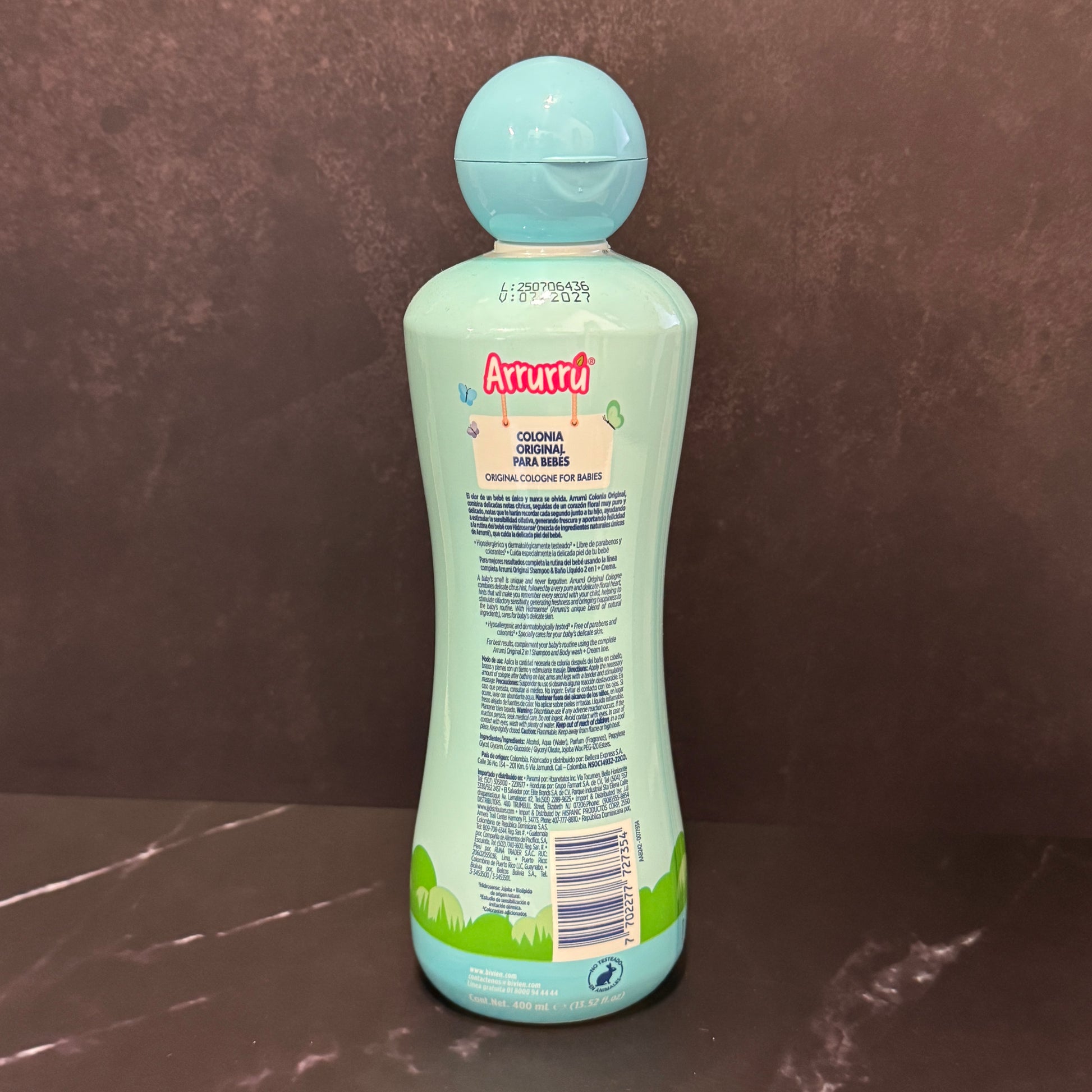 Colonia Arrurrú Original 400ml para bebé colombiana libre de parabenos con Hidrosense y jojoba, producto importado de Colombia disponible en Melomanda