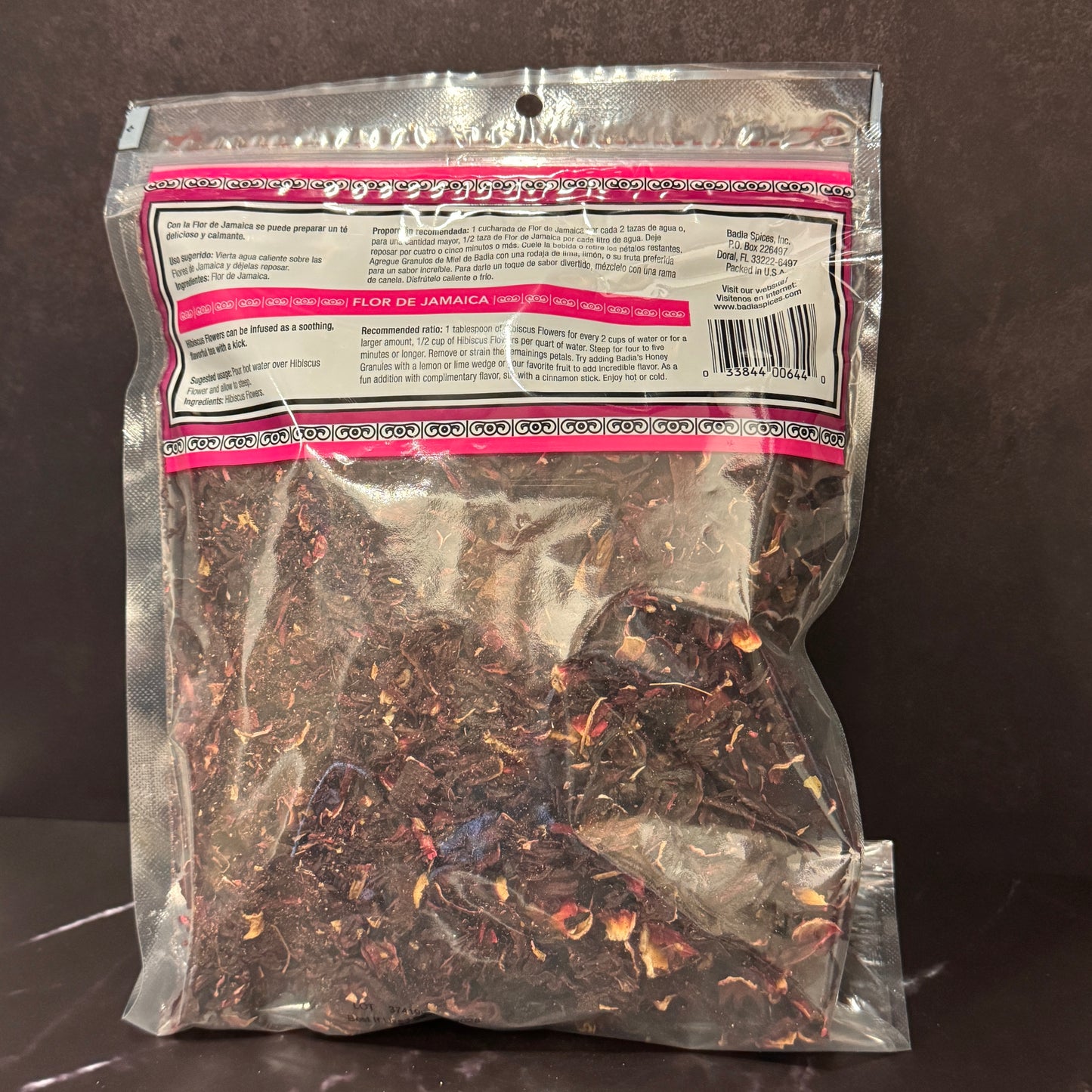 Flor de Jamaica Badia pétalos de hibisco secos 8oz, disponible en Melomanda para envío a todo Estados Unidos