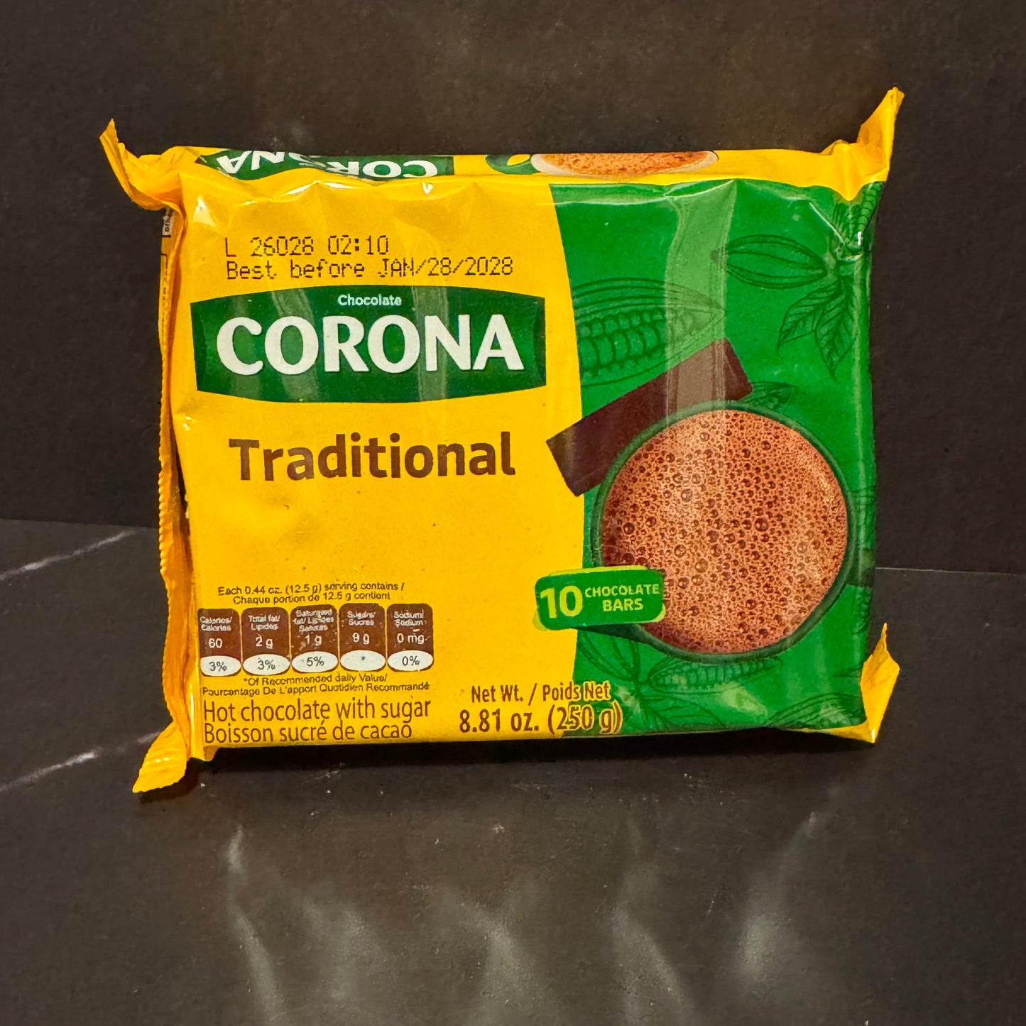 Chocolate Corona Tradicional colombiano en barra, producto importado de Colombia disponible en Melomanda