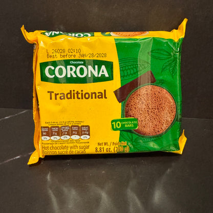 Chocolate Corona Tradicional colombiano en barra, producto importado de Colombia disponible en Melomanda