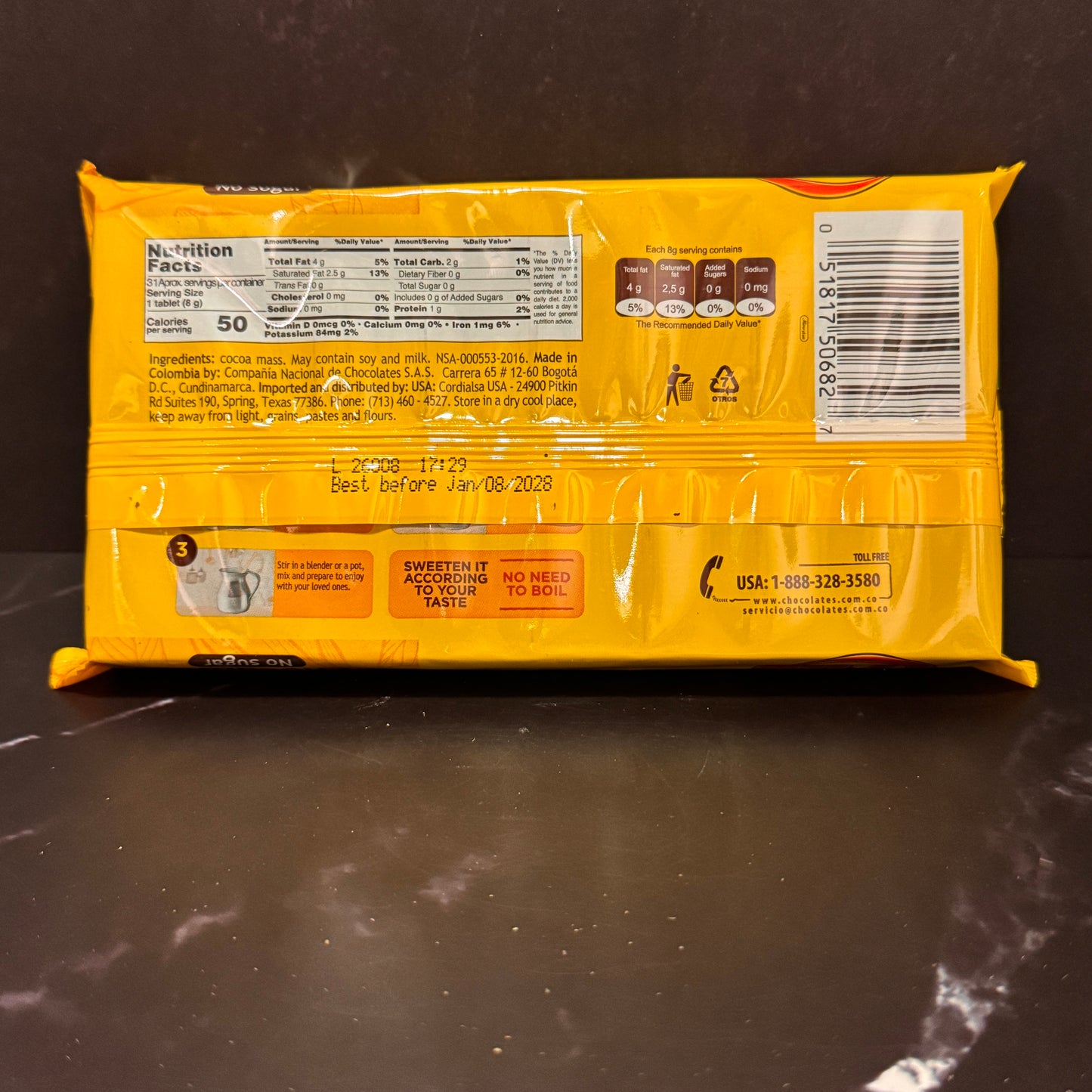 Chocolate Cruz tradicional colombiano en barra, producto importado de Colombia disponible en Melomanda