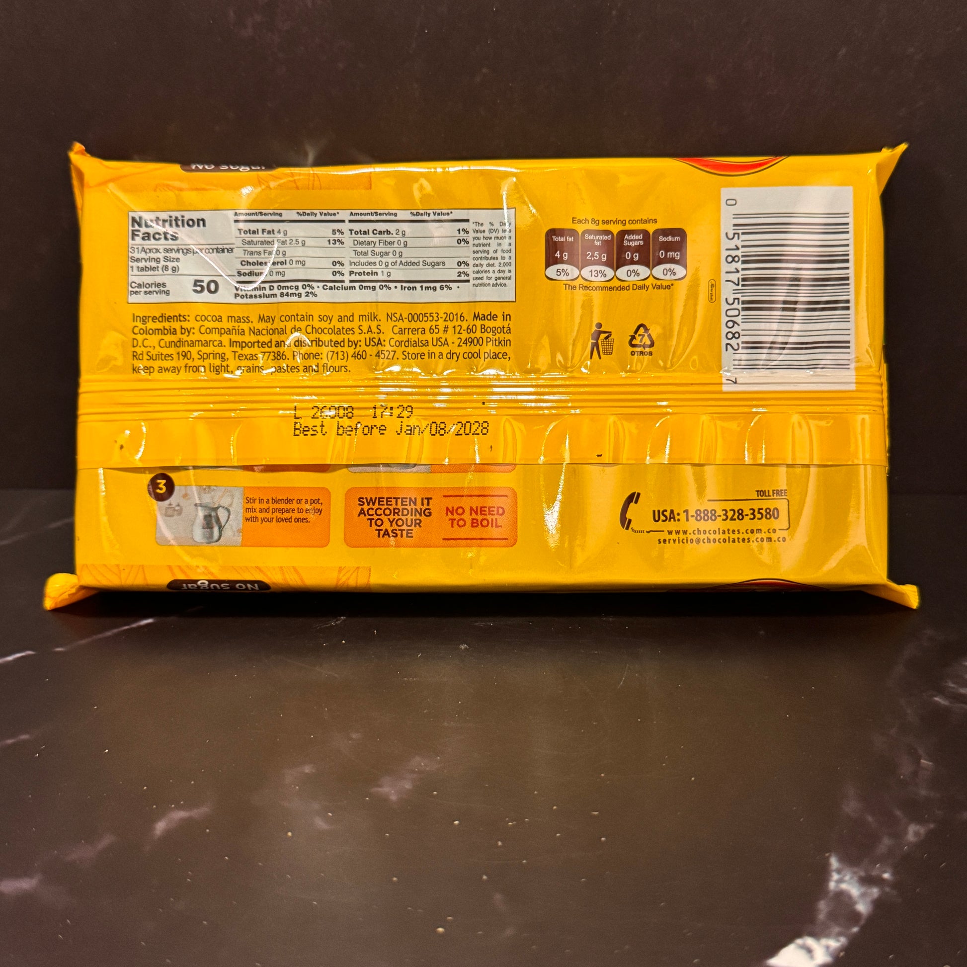 Chocolate Cruz tradicional colombiano en barra, producto importado de Colombia disponible en Melomanda