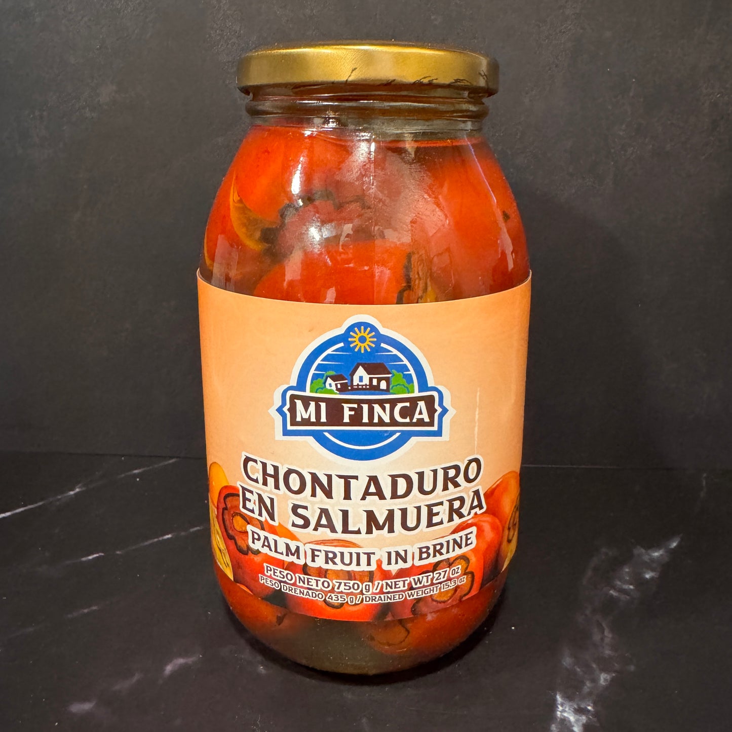 Chontaduro en Salmuera Mi Finca 27 oz Palm Fruit in Brine importado de Colombia, disponible en Melomanda