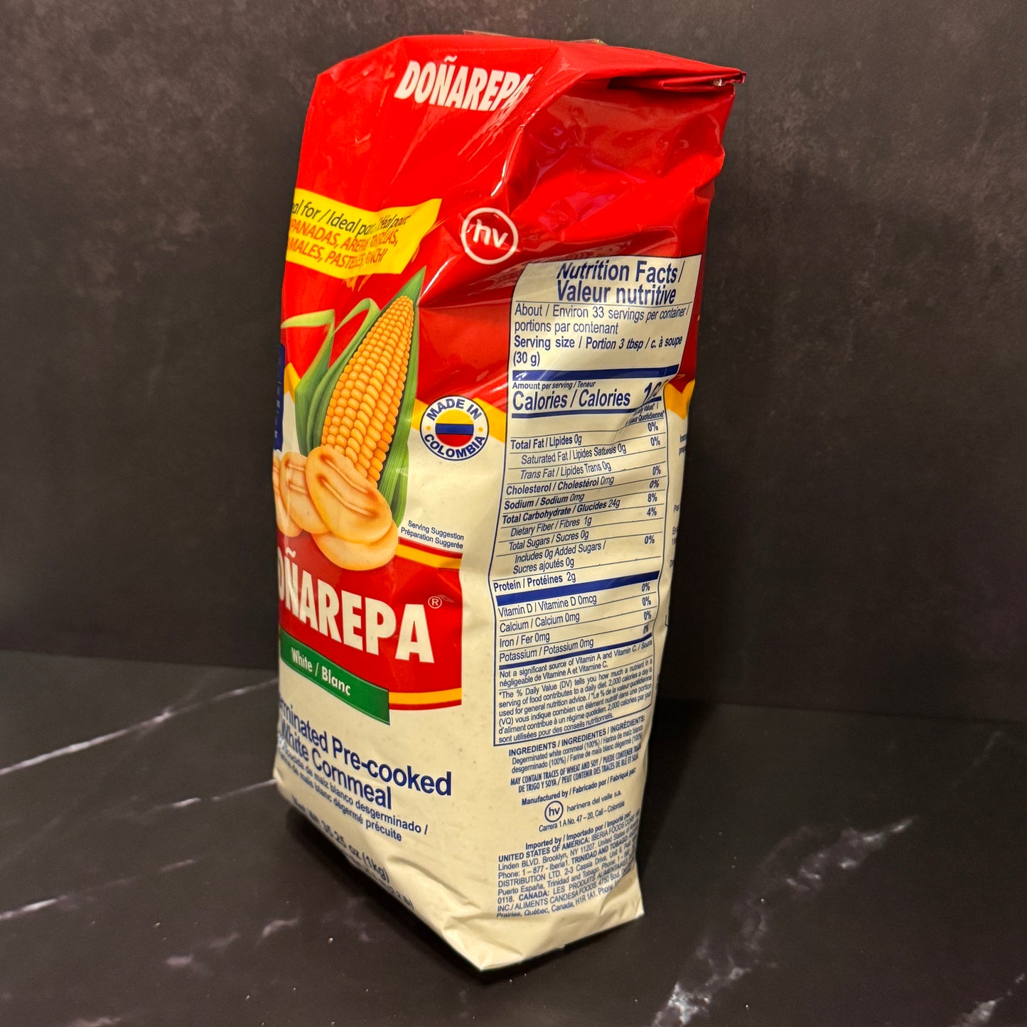 Harina Doña Arepa Blanca colombiana para arepas de maíz blanco, producto importado de Colombia disponible en Melomanda