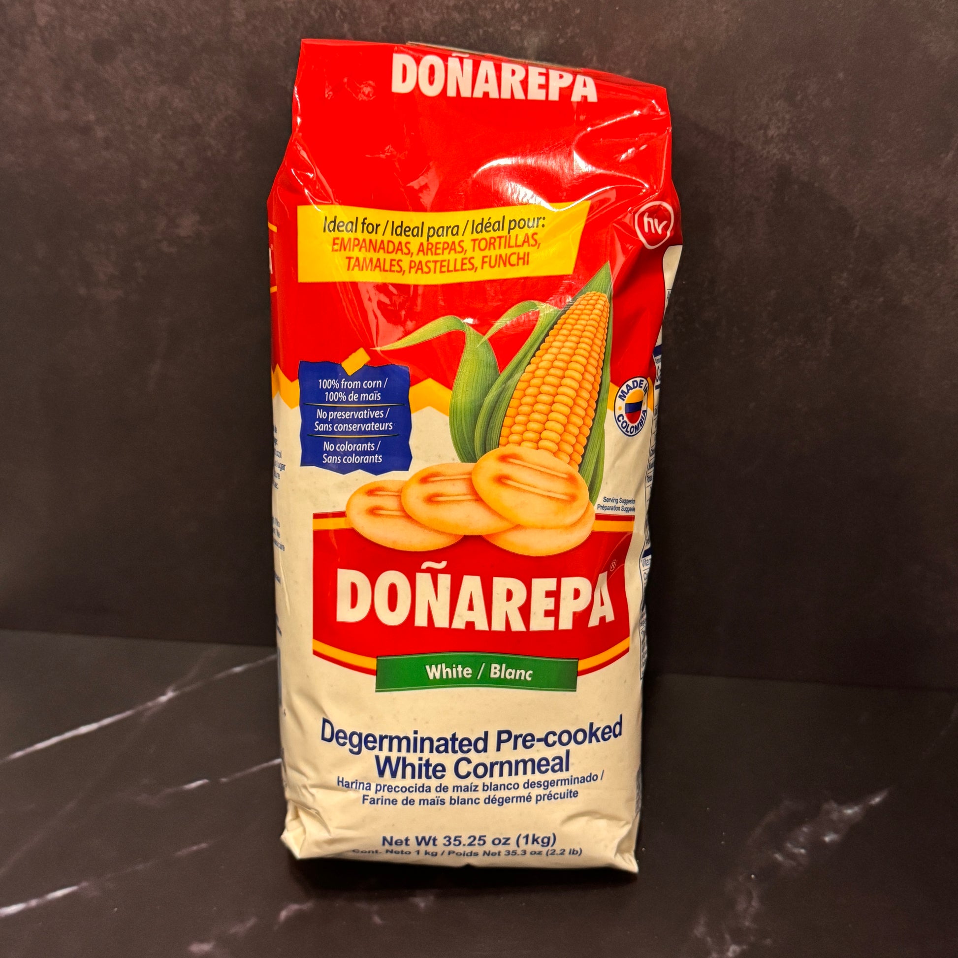 Harina Doña Arepa Blanca colombiana para arepas de maíz blanco, producto importado de Colombia disponible en Melomanda