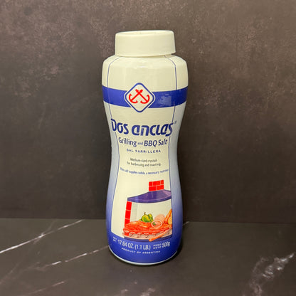 Sal Parrillera Dos Anclas 500g envase salero argentino para asados y parrilladas, producto importado de Argentina disponible en Melomanda