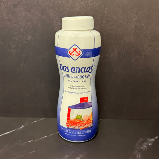 Sal Parrillera Dos Anclas 500g envase salero argentino para asados y parrilladas, producto importado de Argentina disponible en Melomanda