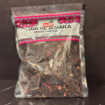Flor de Jamaica Badia pétalos de hibisco secos 8oz, disponible en Melomanda para envío a todo Estados Unidos
