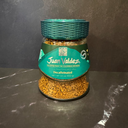 Juan Valdez Freeze Dried Instant Coffee Decaffeinated 100g frasco de vidrio café colombiano descafeinado, producto importado de Colombia disponible en Melomanda