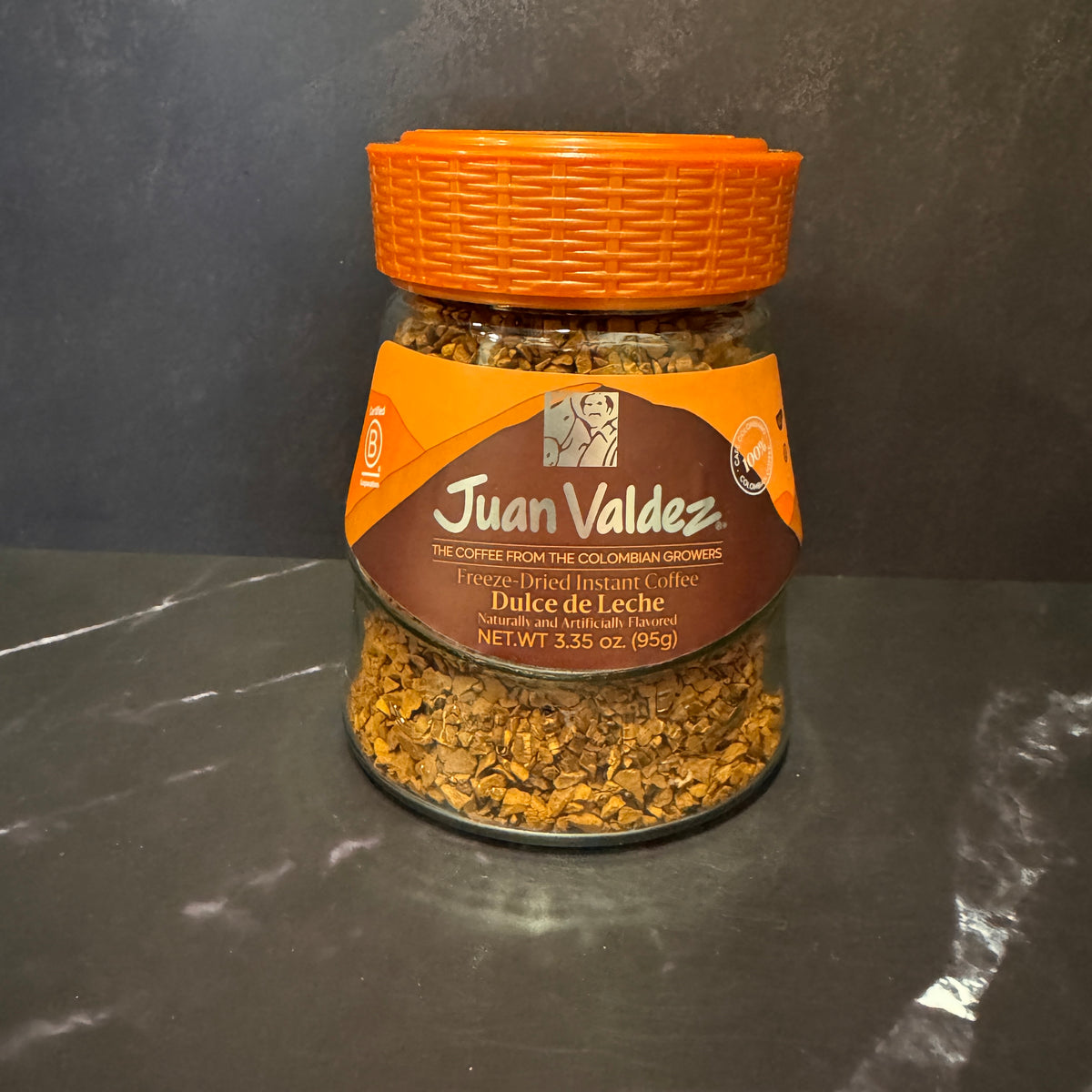 Juan Valdez Freeze Dried Instant Coffee Dulce de Leche 95g frasco de vidrio café colombiano, producto importado de Colombia disponible en Melomanda