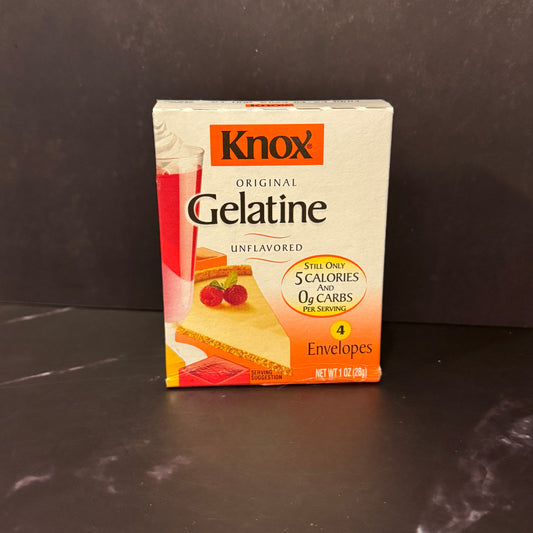 Gelatina Sin Sabor Knox sobres individuales, ingrediente esencial para postres disponible en Melomanda