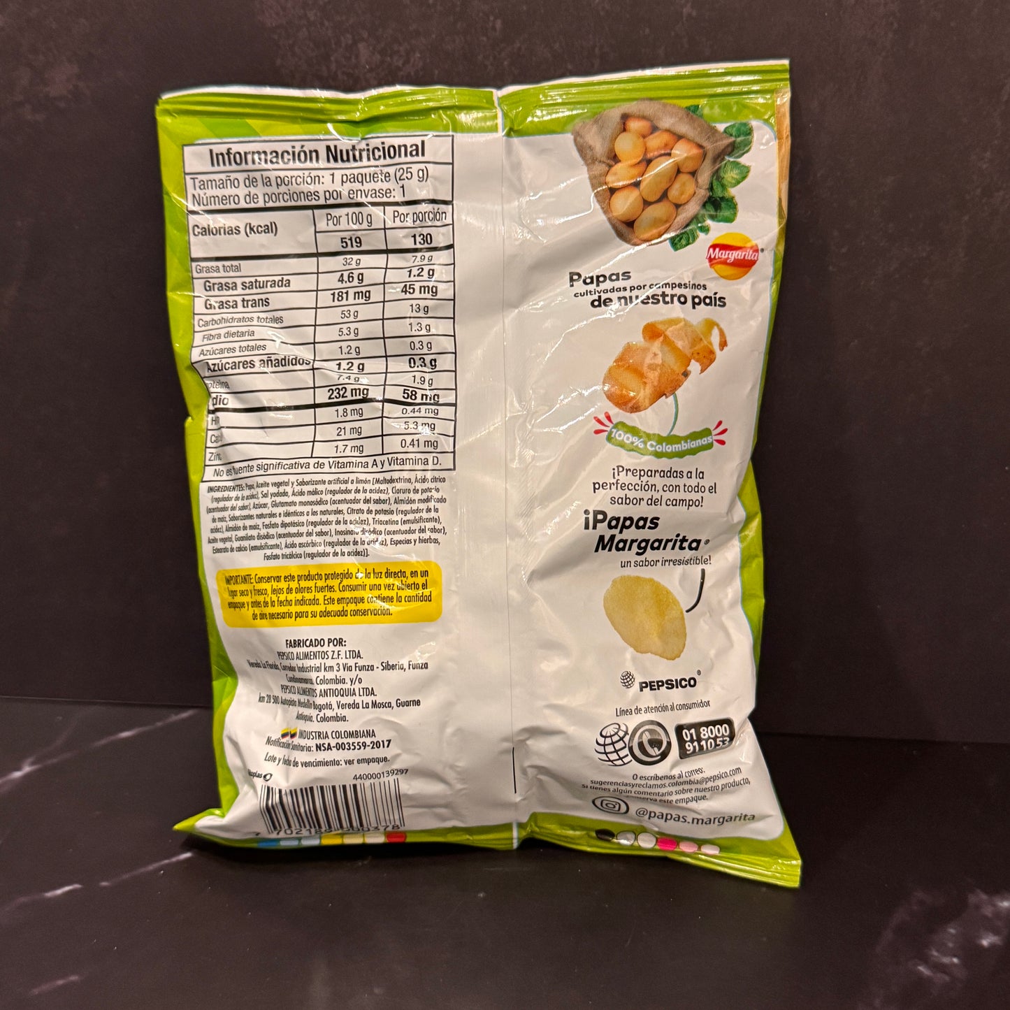 Papas Margarita Limón papas fritas colombianas sabor limón, producto importado de Colombia disponible en Melomanda